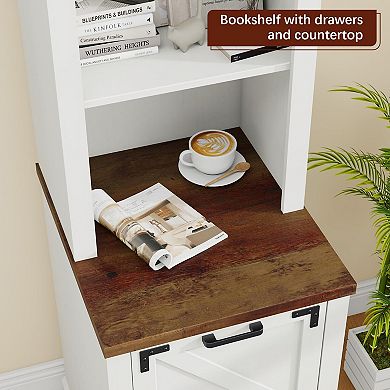 Farmhouse Tall Bookcase with 3-Tier Open Shelves and 2 Drawers, Wood ...
