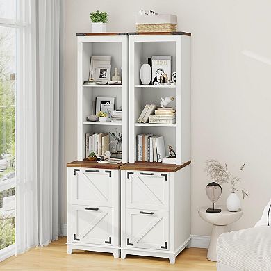 Farmhouse Tall Bookcase with 3-Tier Open Shelves and 2 Drawers, Wood ...