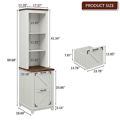 Farmhouse Tall Bookcase with 3-Tier Open Shelves and 2 Drawers, Wood ...