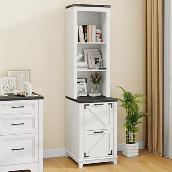 Farmhouse Tall Bookcase with 3 tier Open Shelves and 2 Drawers, Wood Bookcase for Home Office