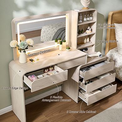 Vanity Desk with LED Mirror & Charging Station, Makeup Table with 5 Drawers, Modern Dressing Table