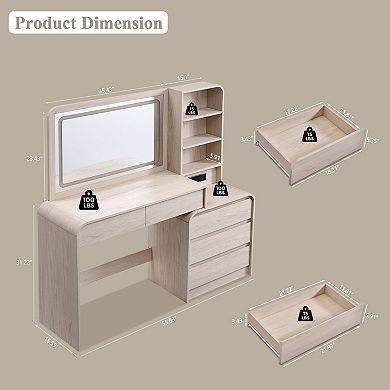 Vanity Desk with LED Mirror & Charging Station, Makeup Table with 5 Drawers, Modern Dressing Table