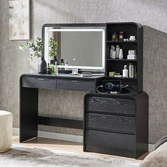 Vanity Desk with LED Mirror & Charging Station, Makeup Table with 5 Drawers, Modern Dressing Table