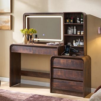 Vanity Desk with LED Mirror & Charging Station, Makeup Table with 5 Drawers, Modern Dressing Table