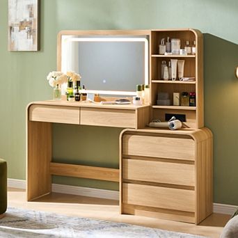 Vanity Desk with LED Mirror & Charging Station, Makeup Table with 5 Drawers, Modern Dressing Table