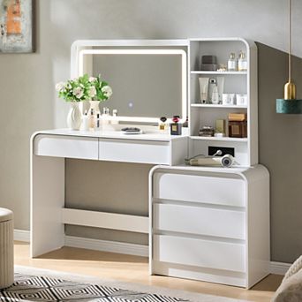 Vanity Desk with LED Mirror & Charging Station, Makeup Table with 5 Drawers, Modern Dressing Table
