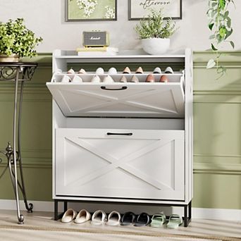 Farmhouse Shoe Storage Cabinet with Flip Drawers, Narrow Freestanding Hidden Shoe Rack for Entryway