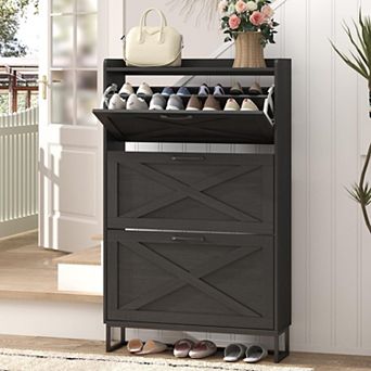 Farmhouse Shoe Storage Cabinet with Flip Drawers, Narrow Freestanding Hidden Shoe Rack for Entryway