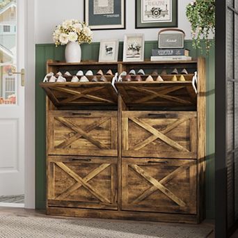Farmhouse Shoe Storage Cabinet with Flip Drawers, Narrow Freestanding Hidden Shoe Rack for Entryway