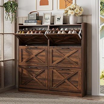 Farmhouse Shoe Storage Cabinet with Flip Drawers, Narrow Freestanding Hidden Shoe Rack for Entryway