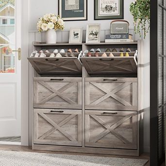Farmhouse Shoe Storage Cabinet with Flip Drawers, Narrow Freestanding Hidden Shoe Rack for Entryway