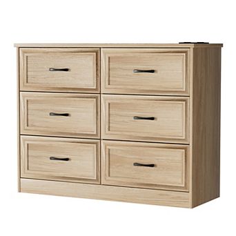 6 Drawer Wide Dresser for Bedroom with Charging Station, Wood Tall Dresser for Hallway Metal Handles