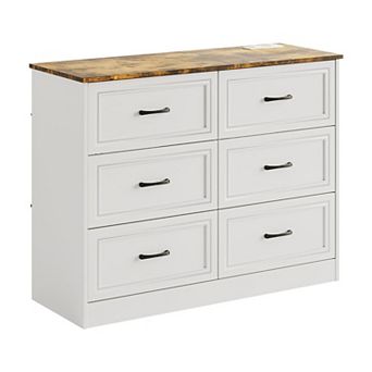 6 Drawer Wide Dresser for Bedroom with Charging Station, Wood Tall Dresser for Hallway Metal Handles