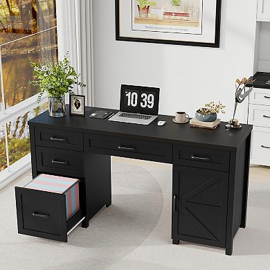 Farmhouse Executive Desk with 5 Drawers & Charging Station for Home Office, Study/ Writing Desk