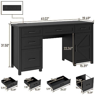Farmhouse Executive Desk with 5 Drawers & Charging Station for Home Office, Study/ Writing Desk