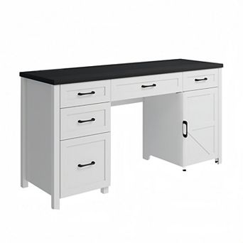 Farmhouse Executive Desk with 5 Drawers & Charging Station for Home Office, Study/ Writing Desk