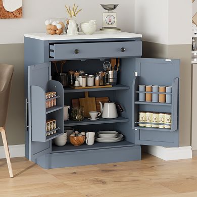 KWPZQEB Freestanding 2 Doors Kitchen Pantry, Coffee Bar Cabinet with Drawer & Adjustable Shelves