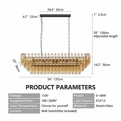 54" Black Rectangular Modern Chandelier 12-Light Smoke Glass Fixture for Dining Room