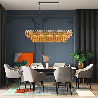 54" Black Rectangular Modern Chandelier 12-Light Smoke Glass Fixture for Dining Room