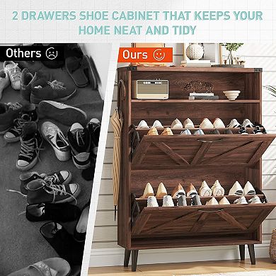 Vabches Slim Shoe Cabinet with 2 Flip Drawers, Entryway Shoe Storage Organizer with Open Cubby