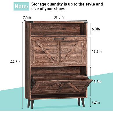 Vabches Slim Shoe Cabinet with 2 Flip Drawers, Entryway Shoe Storage Organizer with Open Cubby