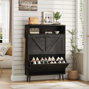 Farmhouse Shoe Cabinet with 2 Flip Drawers & Open Shelf, Narrow Freestanding Organizer for Entryway