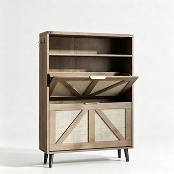 Vabches Slim Shoe Cabinet with 2 Flip Drawers, Entryway Shoe Storage Organizer with Open Cubby