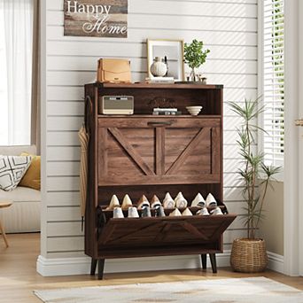 Farmhouse Shoe Cabinet with 2 Flip Drawers & Open Shelf, Narrow Freestanding Organizer for Entryway
