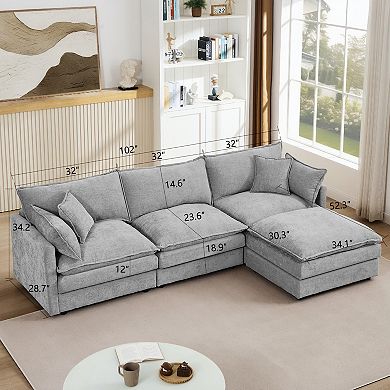 102" L-Shaped Sofa, Modular Sectional 3-Seater Cloud Couches, Chenille, with Movable Ottoman