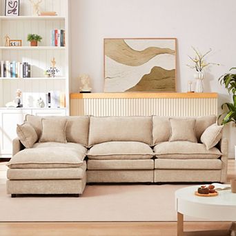 102" L-Shaped Sofa, Modular Sectional 3-Seater Cloud Couches, Chenille, with Movable Ottoman