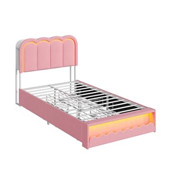 LED Bed Frame with Storage Headboard and 4 Drawers, Upholstered Platform Bed Frame with Bookcase