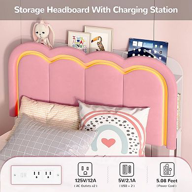 LED Bed Frame with Storage Headboard and 4 Drawers, Upholstered Platform Bed Frame with Bookcase