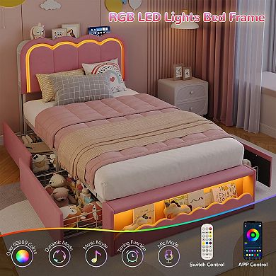 LED Bed Frame with Storage Headboard and 4 Drawers, Upholstered Platform Bed Frame with Bookcase