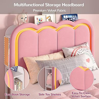 LED Bed Frame with Storage Headboard and 4 Drawers, Upholstered Platform Bed Frame with Bookcase