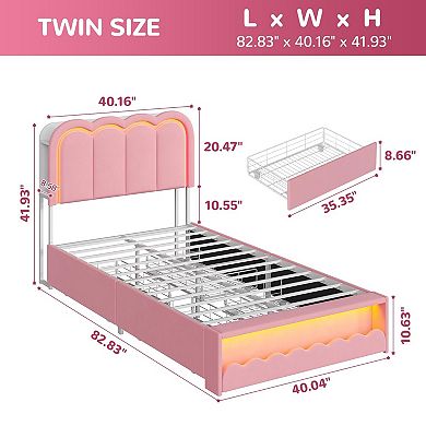 LED Bed Frame with Storage Headboard and 4 Drawers, Upholstered Platform Bed Frame with Bookcase
