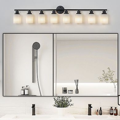 8-Light Black Vanity Light Modern Frosted Glass Bathroom Fixture with Iron Frame (52-Inch Wide)