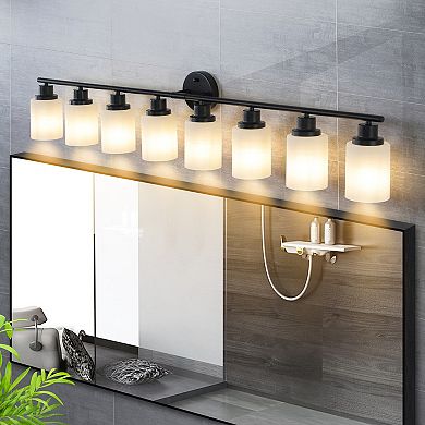 8-Light Black Vanity Light Modern Frosted Glass Bathroom Fixture with Iron Frame (52-Inch Wide)