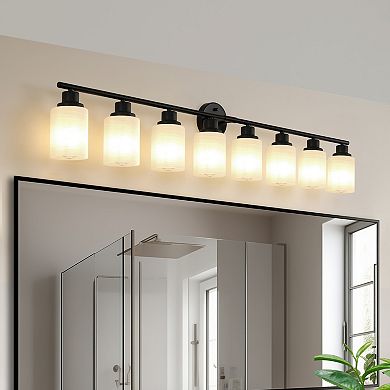 8-Light Black Vanity Light Modern Frosted Glass Bathroom Fixture with Iron Frame (52-Inch Wide)