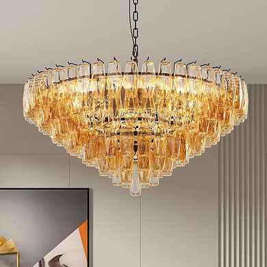 37" Extra Large Modern Black Chandelier 14-Light Smoke Glass Round Fixture for Dining Room