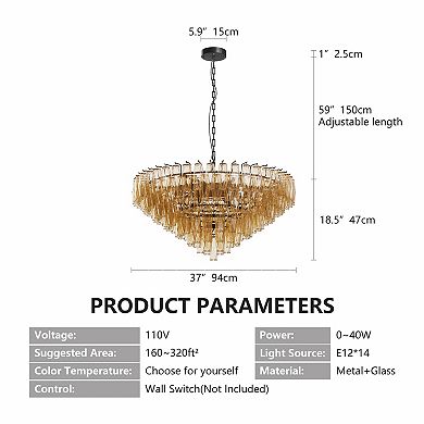 37" Extra Large Modern Black Chandelier 14-Light Smoke Glass Round Fixture for Dining Room