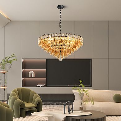 37" Extra Large Modern Black Chandelier 14-Light Smoke Glass Round Fixture for Dining Room