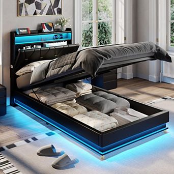 Lift Up Bed Frame, Storage Headboard with Charging Station, LED Lights Upholstered Platform Bed