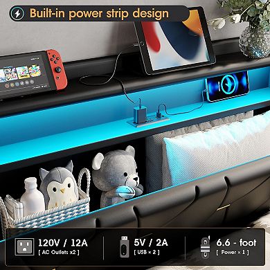 Lift Up Bed Frame, Storage Headboard with Charging Station, LED Lights Upholstered Platform Bed