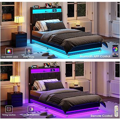 Lift Up Bed Frame, Storage Headboard with Charging Station, LED Lights Upholstered Platform Bed