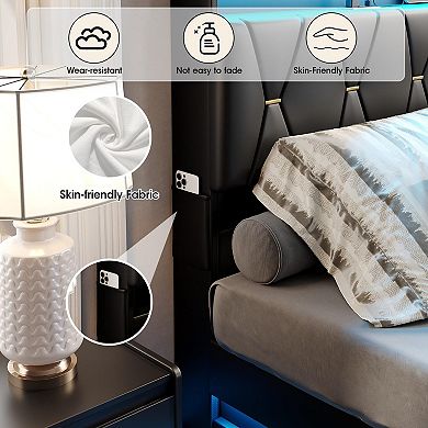 Lift Up Bed Frame, Storage Headboard with Charging Station, LED Lights Upholstered Platform Bed