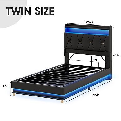 Lift Up Bed Frame, Storage Headboard with Charging Station, LED Lights Upholstered Platform Bed
