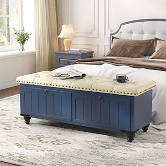 Ottoman with Storage, Wooden Storage Ottoman Bench with Safety Hinge, Upholstered Entryway Bench