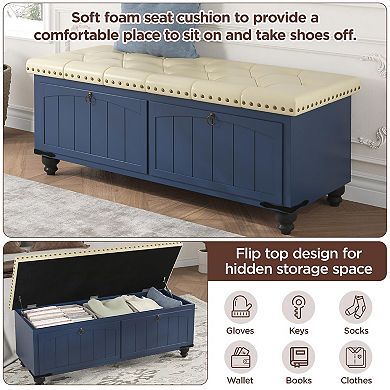 Ottoman with Storage, Wooden Storage Ottoman Bench with Safety Hinge, Upholstered Entryway Bench