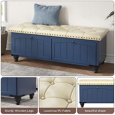 Ottoman with Storage, Wooden Storage Ottoman Bench with Safety Hinge, Upholstered Entryway Bench