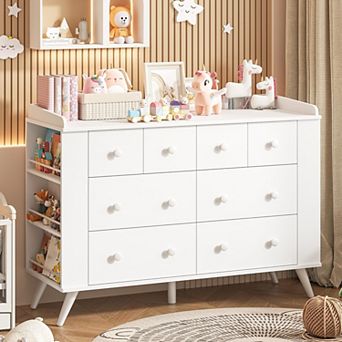 Vabches Kids Dresser with 8 Drawers & Open Shelves, Nursery Changing Table, White Storage Chest